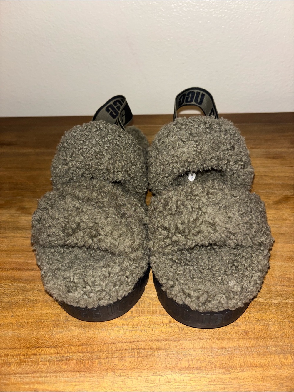 UGG Plush Double-Strap Shearling Slides in Olive NWOB